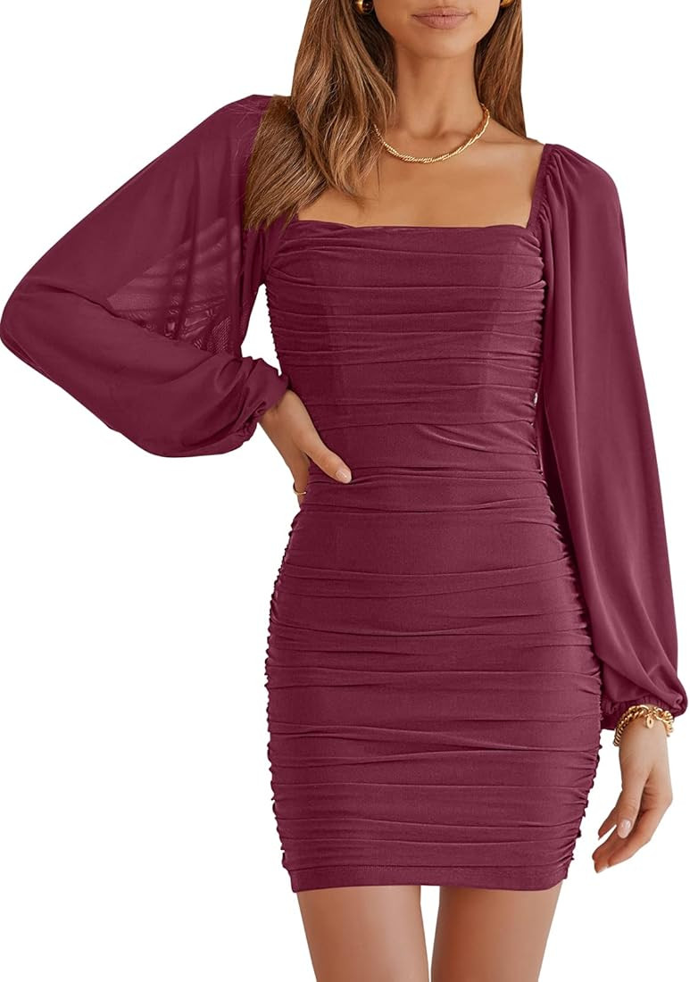 ANRABESS Women Long Sleeve Square Neck Mesh Ruched Bodycon Mini Dress Party Club Cocktail Formal ... | Amazon (US)