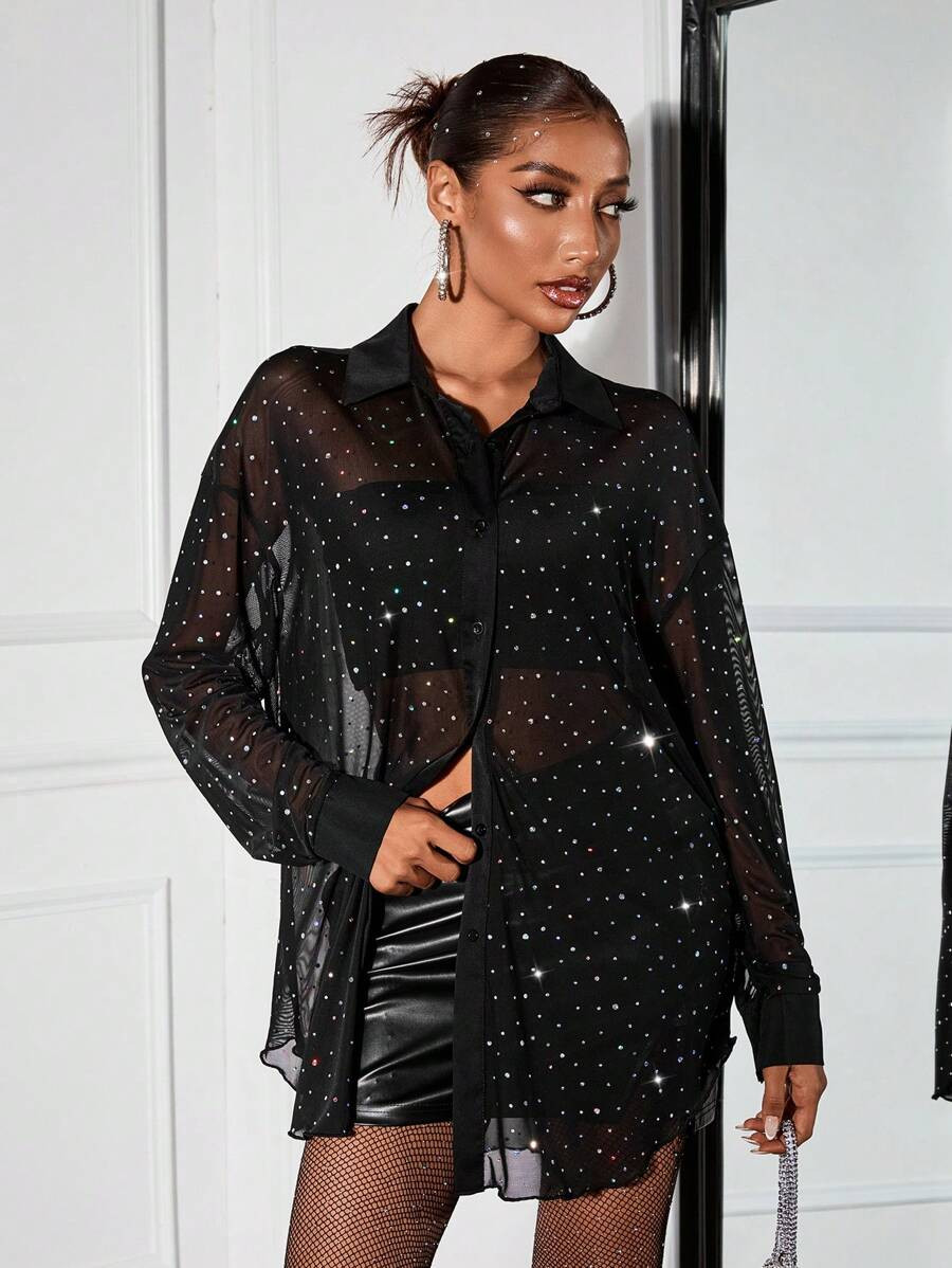 SHEIN SXY Sexy Glittering Sheer Mesh Loose Blouse For Party Club Ladies,Long Sleeve Tops | SHEIN