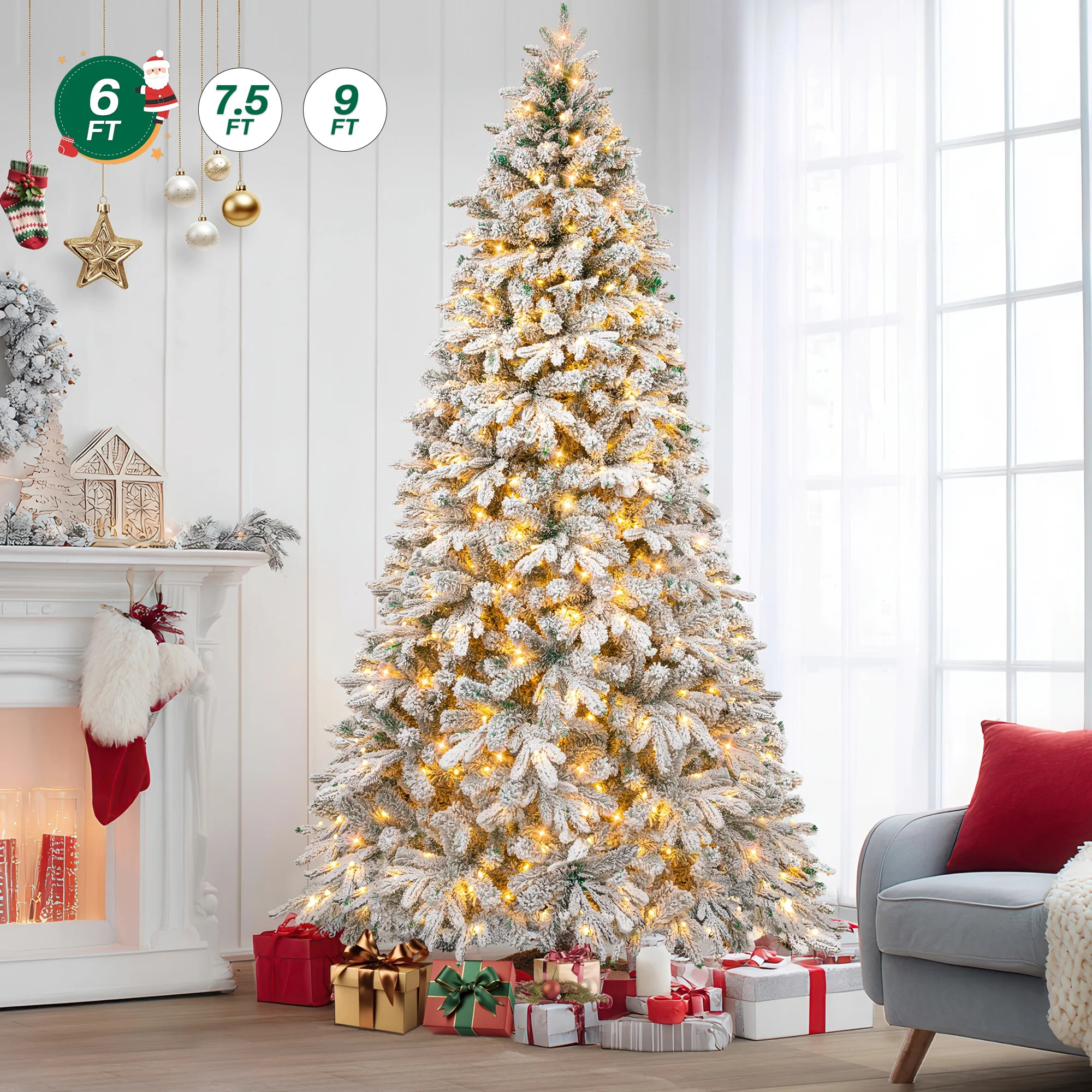 Firstness 6ft Pre-Lit Artificial Christmas Tree with 300 LED Lights,Snow Flocked Xmas Tree - Walm... | Walmart (US)