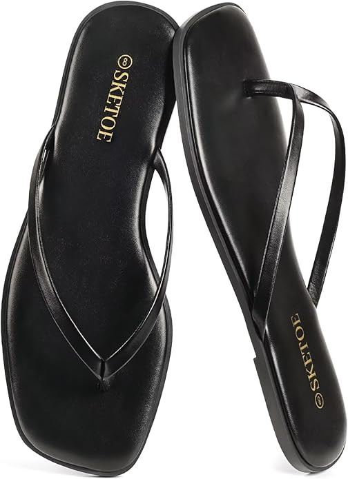 Flip Flops for Women Square Toe Flat Sandals for Women Comfortable Thong Sandals Vegan Leather Fl... | Amazon (US)