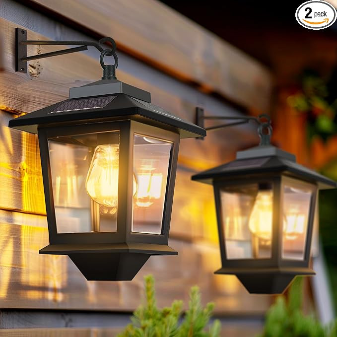2 Pack Solar Wall Lanterns with Replaceable Bulb, Outdoor Hanging Solar Lights with 4 Solar Panel... | Amazon (US)