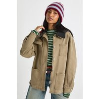 Womens Faux Leather Contrast Collar Barn Jacket - Beige - 12 | boohoo (US & Canada)