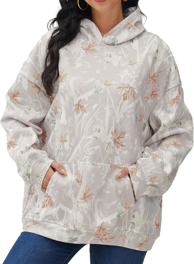 Womens Camo Hoodies Maple Leaf Print Oversized Hooded Sweatshirt Fleece Pullover Sweatshirts Long... | Amazon (US)