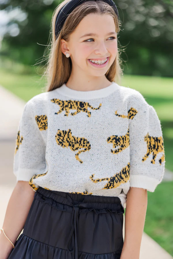 Girls: On The Prowl Ivory White Tiger Sweater | The Mint Julep Boutique