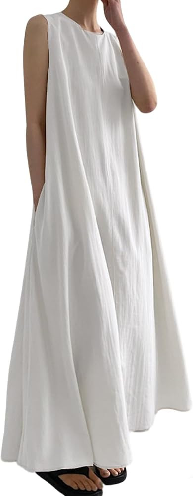 CHARTOU Women Casual Cotton Linen Sleeveless Maxi Dress Ruffle Shift Dress Flowy Beach Summer Lon... | Amazon (US)