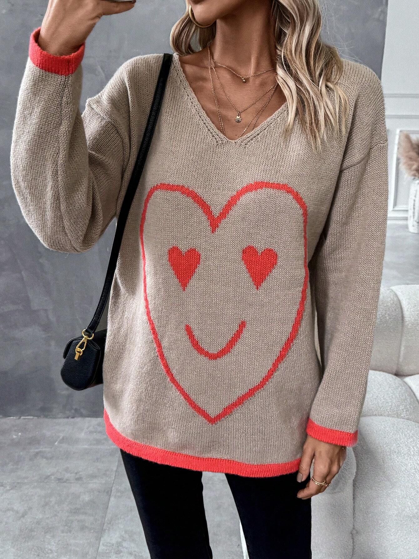 SHEIN LUNE Women's Cartoon Heart Pattern Color Contrast Drop Shoulder Sweater | SHEIN