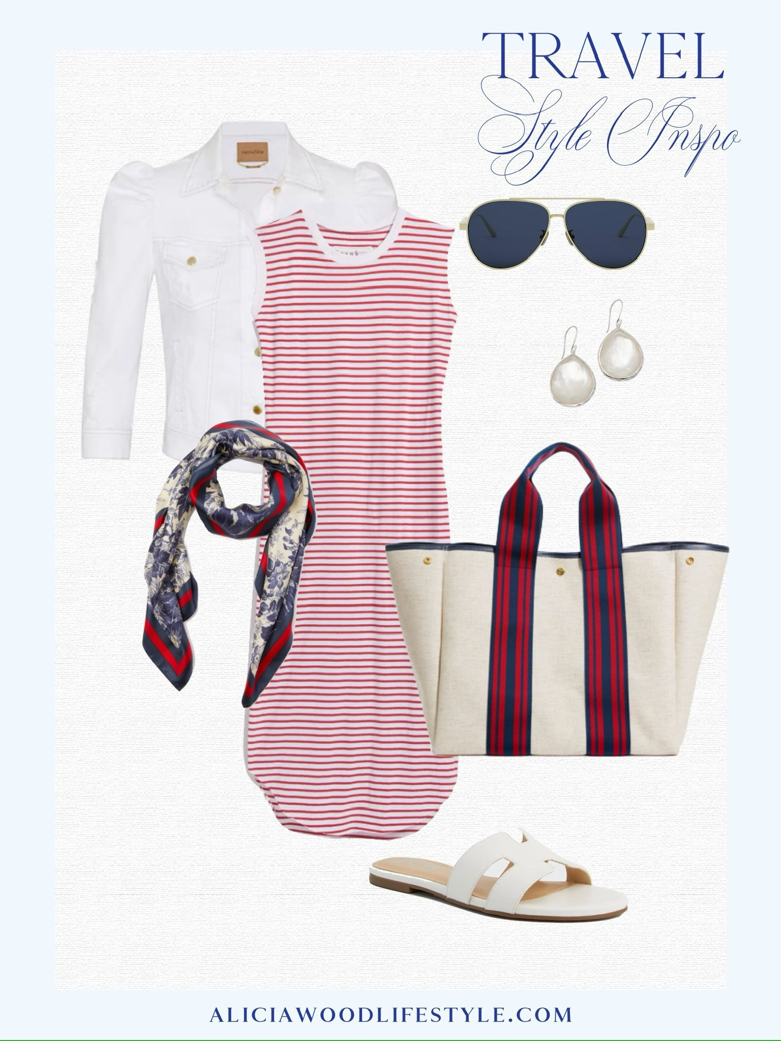 Travel outfit

White denim jacket 
White slide sandals
Dior aviator sunglasses
Striped sleeveless maxi dress
Red white and blue scarf
White cannas tote with striped detail and straps 
Drop earrings 


#LTKOver40 #LTKSeasonal #LTKTravel
