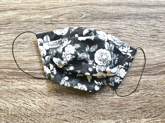 Gray & White Floral 100% Cotton Pleated Face Mask/Covering with Filter Pocket | Etsy (US)