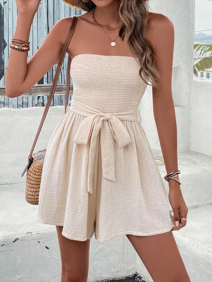 SHEIN VCAY Solid Belted Tube Romper | SHEIN