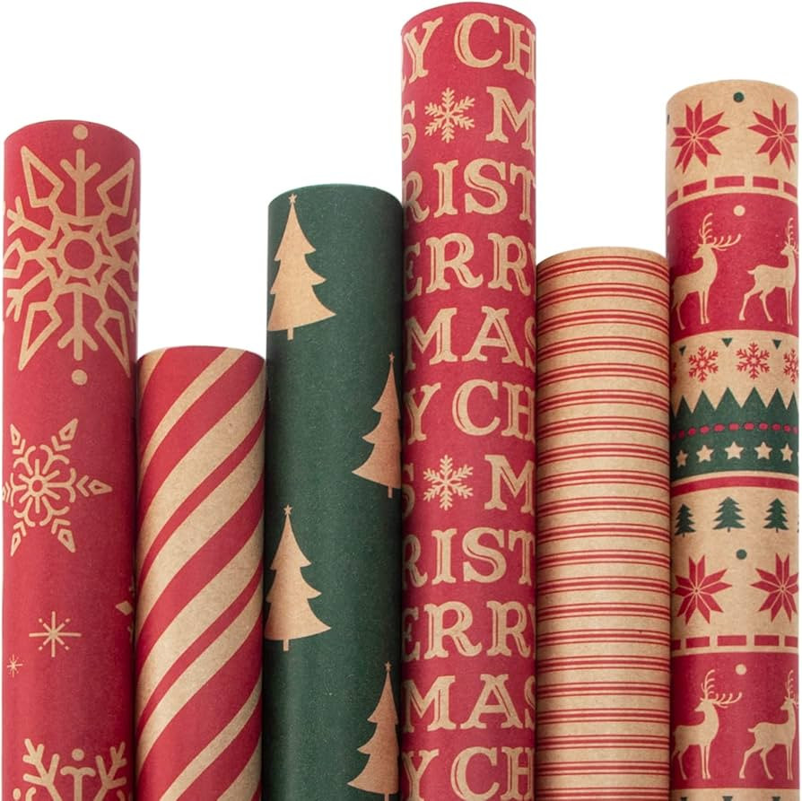 Ribbli Kraft Wrapping Paper with Snowflake/Tree/Stripe Patterns - 6 Rolls Red and Green Christmas... | Amazon (US)