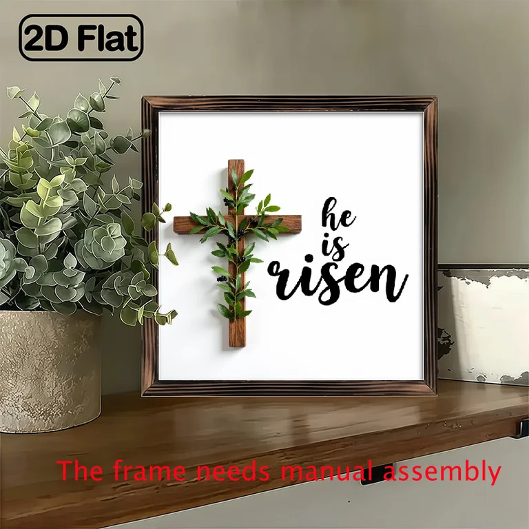 2D Flat, 1pc Handcrafted Wooden Wall Art Sign He is Risen with Cross Olive Branches - 8x8 Inch Re... | Walmart (US)