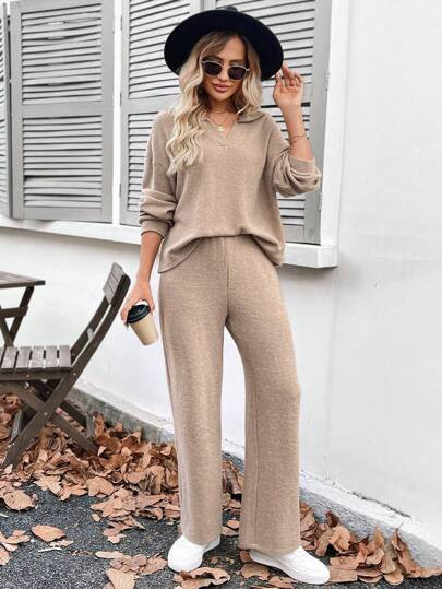 SHEIN LUNE 2pcs Women Winter New Apricot Basic Warm Homewear Set, Polo Collar Long Pants Brown Lo... | SHEIN