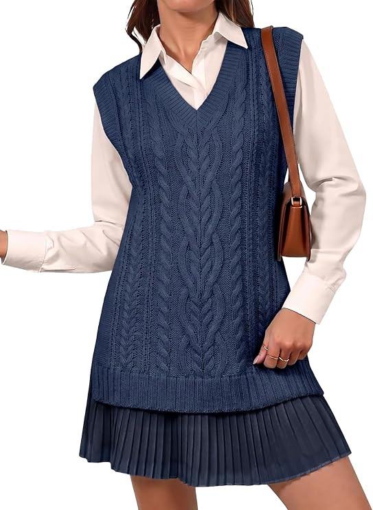 Fisoew Womens Cable Knit Sweater Vest Pleated Patchwork Sleeveless Dress | Twofer Style, Crewneck... | Amazon (US)