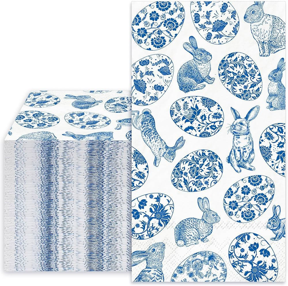 Whaline 40 Pcs Easter Guest Napkins Paper Napkins Blue White Chinoiserie Bunny Rabbit Egg Floral ... | Amazon (US)