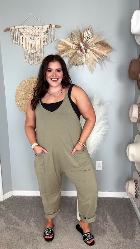 Casual jumpsuit outfit. Add a jean jacket for the perfect cozy travel outfit ✈️ 
Jumpsuit: XL 
Tank top: XXL 

#LTKstyletip #LTKSeasonal #LTKplussize