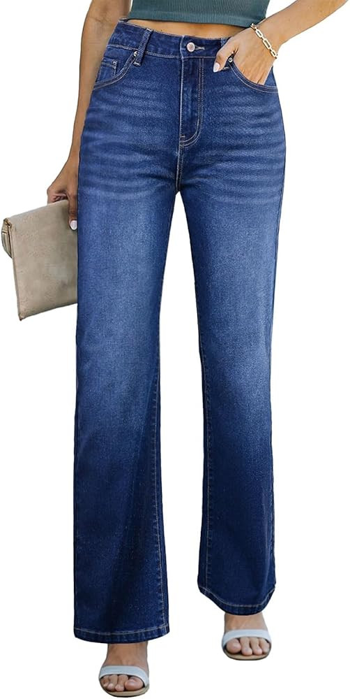 Sidefeel Women's Wide Leg Jeans Casual High Waisted Straight Zimbaplatinum Denim Pants with Pocke... | Amazon (US)