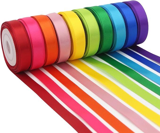 MEEDEE Rainbow Ribbon Solid Color Assortment 10 Colors Double Face Satin Ribbon for Gift Wrapping... | Amazon (US)