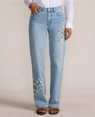 Lands' End Women's Soft Denim Mid Rise Relaxed Straight Leg Embroidered Jeans - Embroidered lake blue wash | Macy's