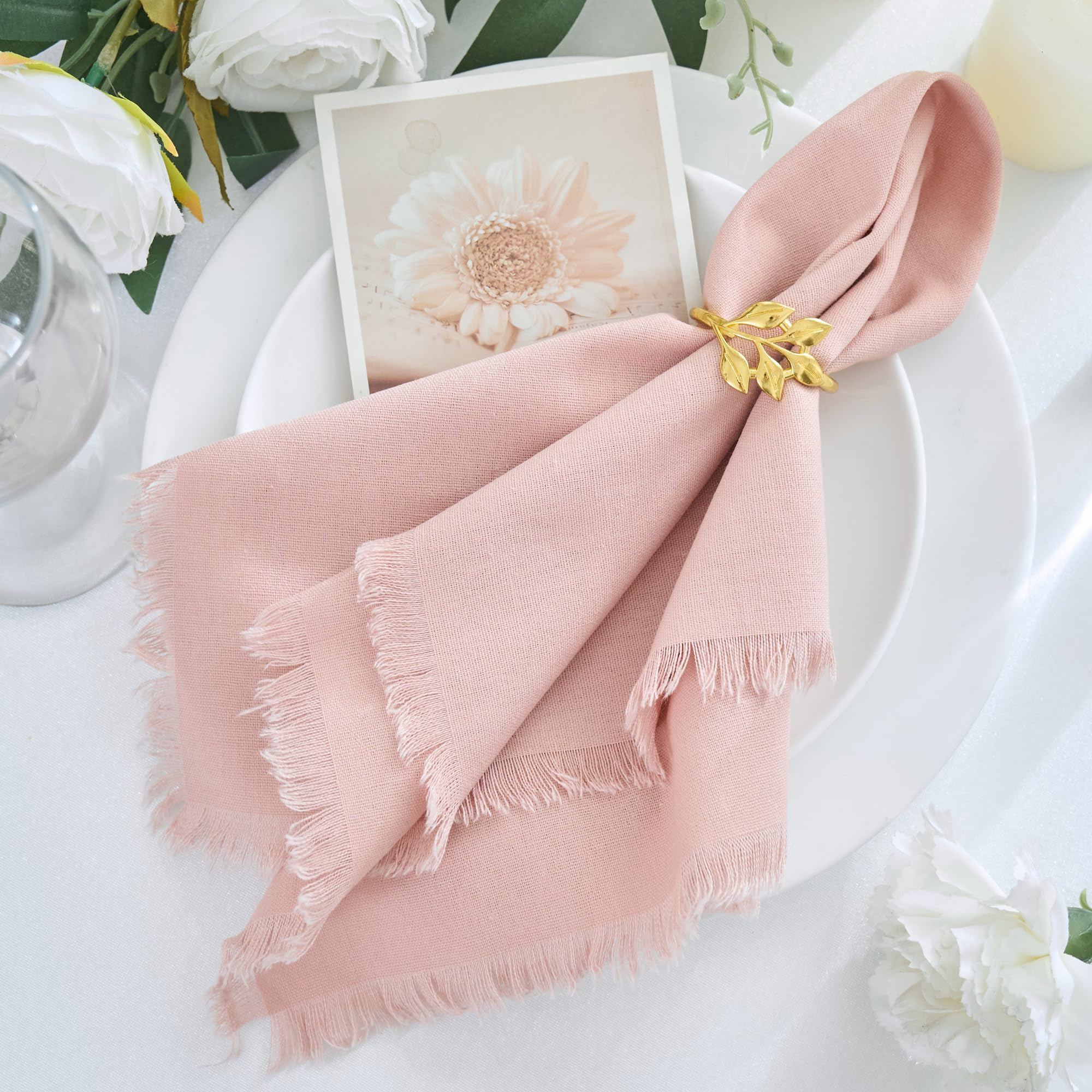 Handmade Cotton Linen Napkins Cloth with Fringes Set of 4 17"x17" Dusty Pink Boho Dinner Table Na... | Amazon (US)