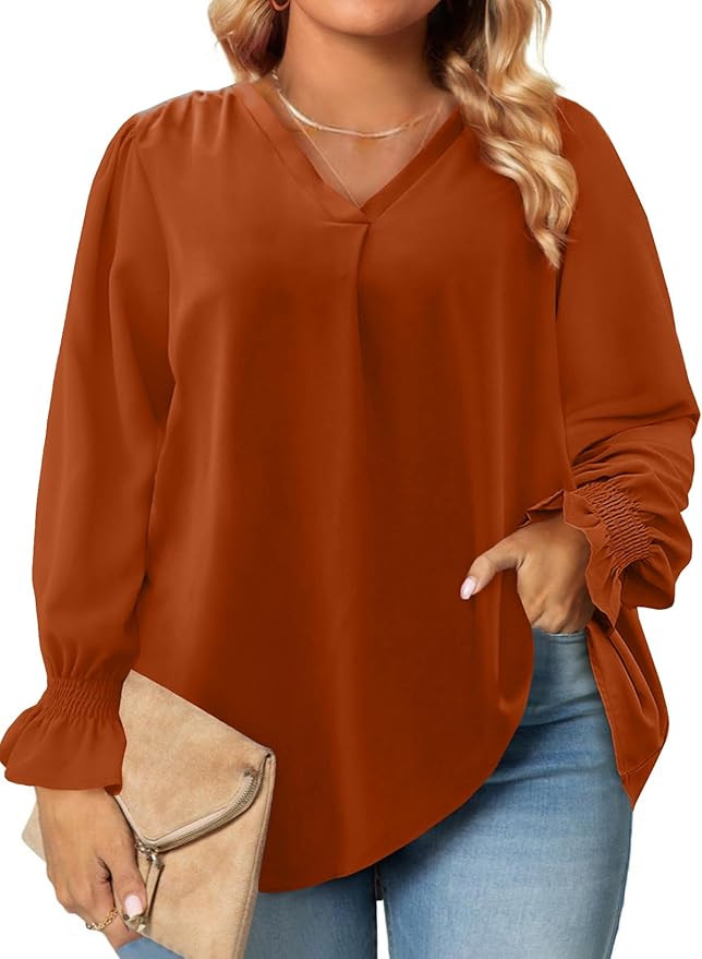 Eytino Plus Size Tops for Women Sexy V Neck Smocked Long Sleeve Blouse Loose Casual Work Shirts(1... | Amazon (US)