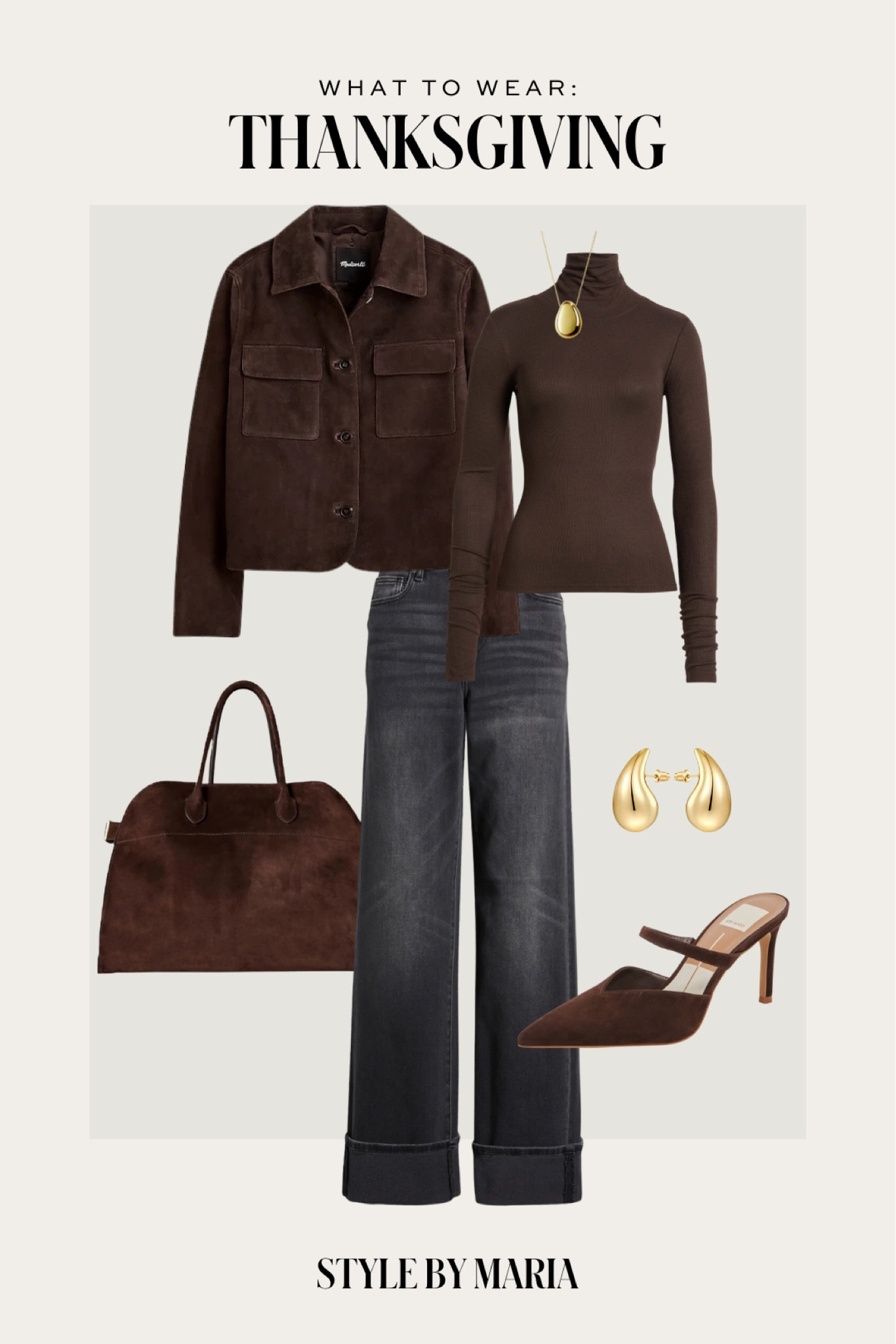 Thanksgiving outfit / fall outfit ideas
Madewell brown suede jacket 
Nordstrom brown turtleneck shirt
Nordstrom wide leg jeans
Amazon suede handbag 
Dolce bags suede mules 




#LTKSeasonal #LTKFindsUnder100 #LTKShoeCrush