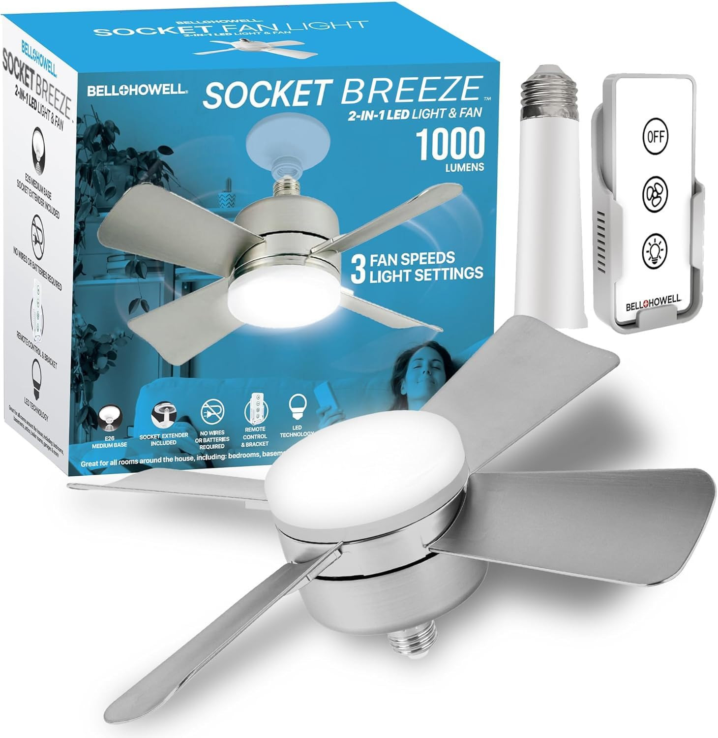 Bell+Howell Socket Breeze Cool Light Deluxe Silver – Ceiling Fans with LED Lights and Remote Co... | Amazon (US)