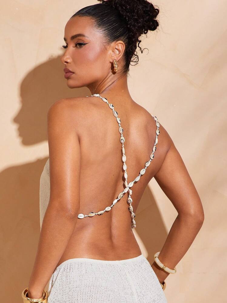 Hauture Women's Sexy Solid Color Cowl Neck Backless Halter Top With Seashell Chain Decor For Vacation, Summer, Beach Style | SHEIN