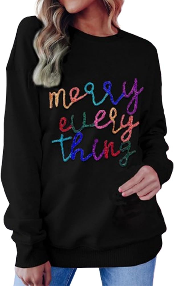 Women Christmas Merry Sweatshirt Colorful Sequin Letter Long Sleeve Pullover Casual Holiday Brigh... | Amazon (US)