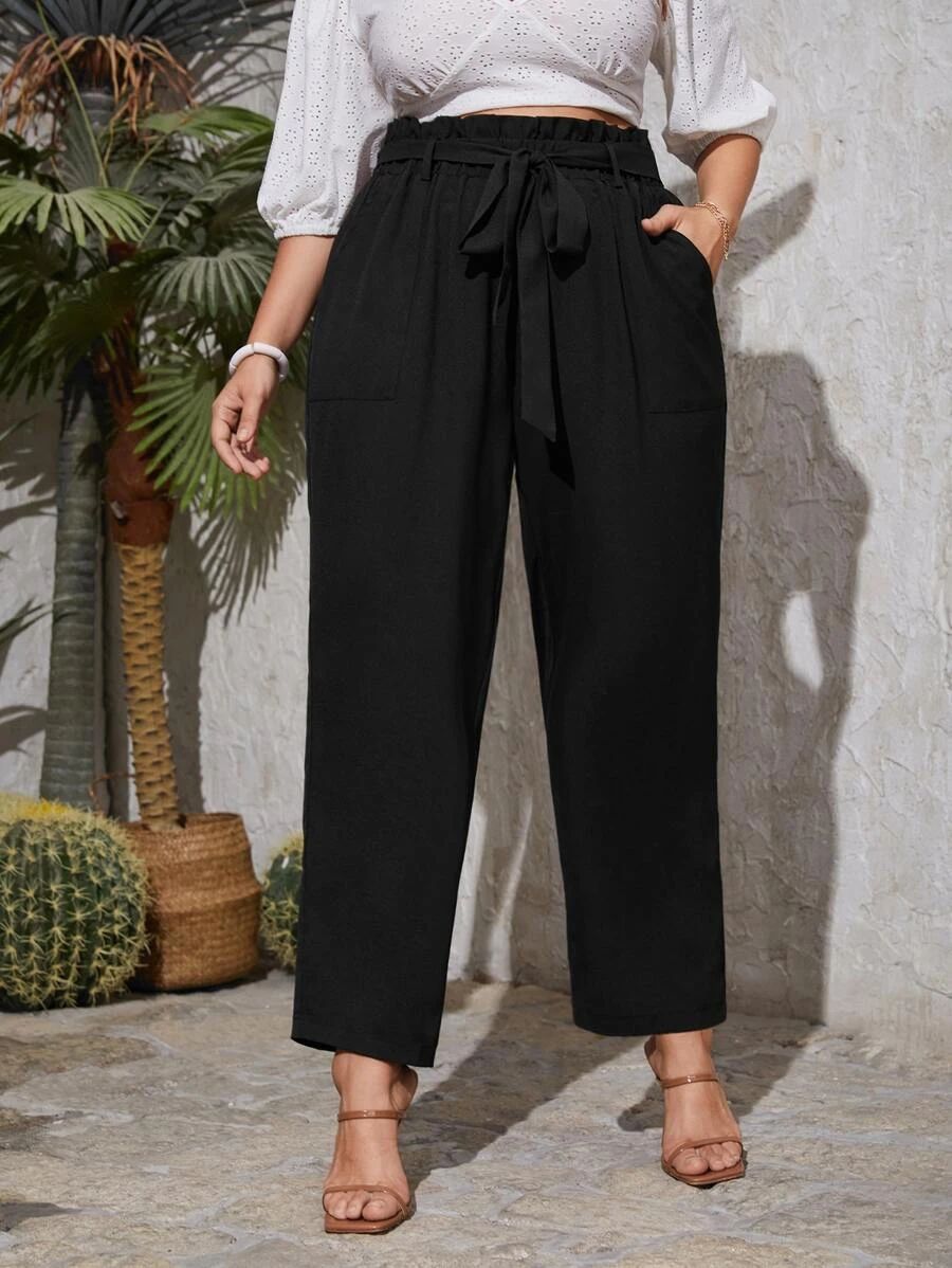 EMERY ROSE Plus Paperbag Waist Belted Straight Leg Pants | SHEIN
