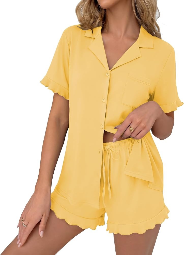 Ekouaer Pajamas Set for Women Button Down Pjs Lounge Sets Ruffle Sleepwear | Amazon (US)
