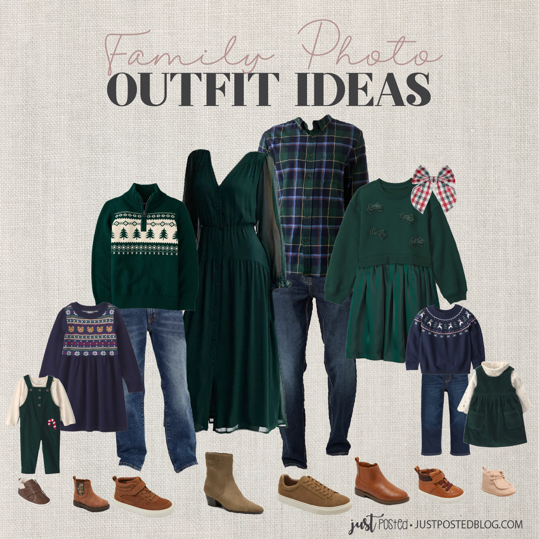 This Family photo look is perfect for your Holiday pictures or Christmas cards! Love the green and navy! The kids looks are absolutely adorable! 

 