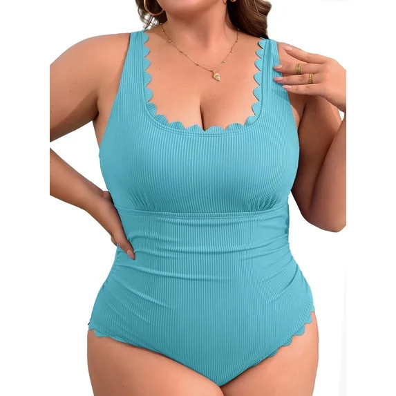 Asoul Plus Size Ribbed Swimsuit for Womens One Piece Scalloped Swimwear Tummy Control Bathing Sui... | Walmart (US)