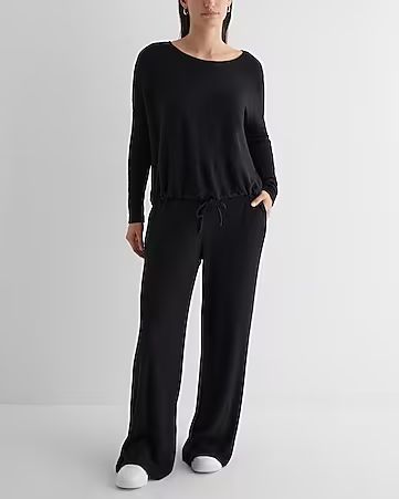 Two Piece Set: Ribbed Cozy Knit Cinched Hem Top + Ribbed Cozy Knit Wide Leg Pant | Express