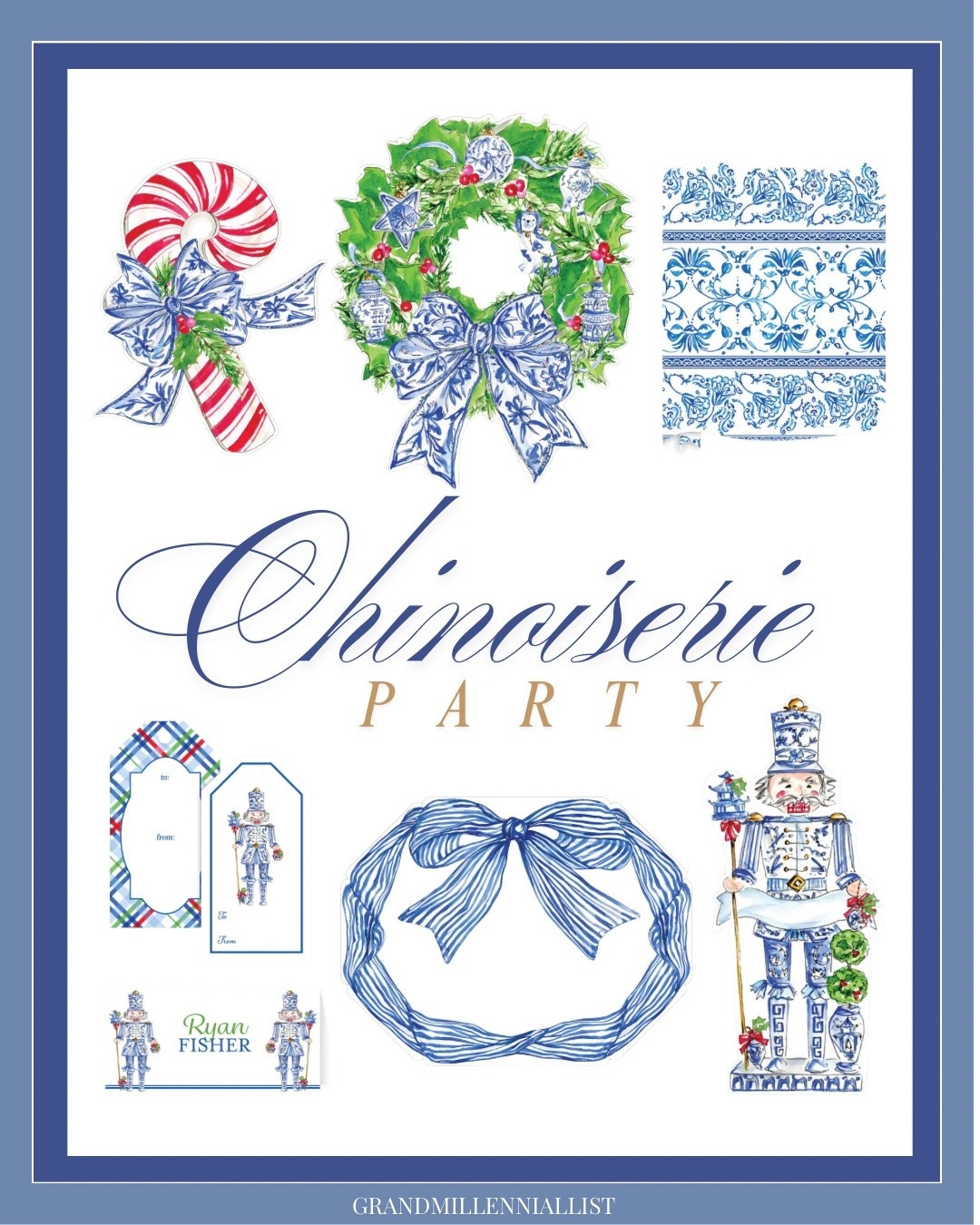 Chinoiserie Christmas party paper placemats, name cards, gift tags, table runner, gift labels 


#LTKHome #LTKHoliday #LTKParties