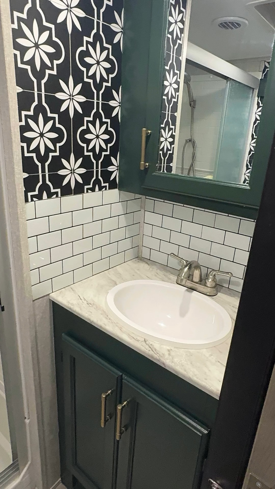 I had so much fun with our RV bathroom.. cabinets color is SW-roycroft bottle green #diy #renovation #homedecor

#LTKHome