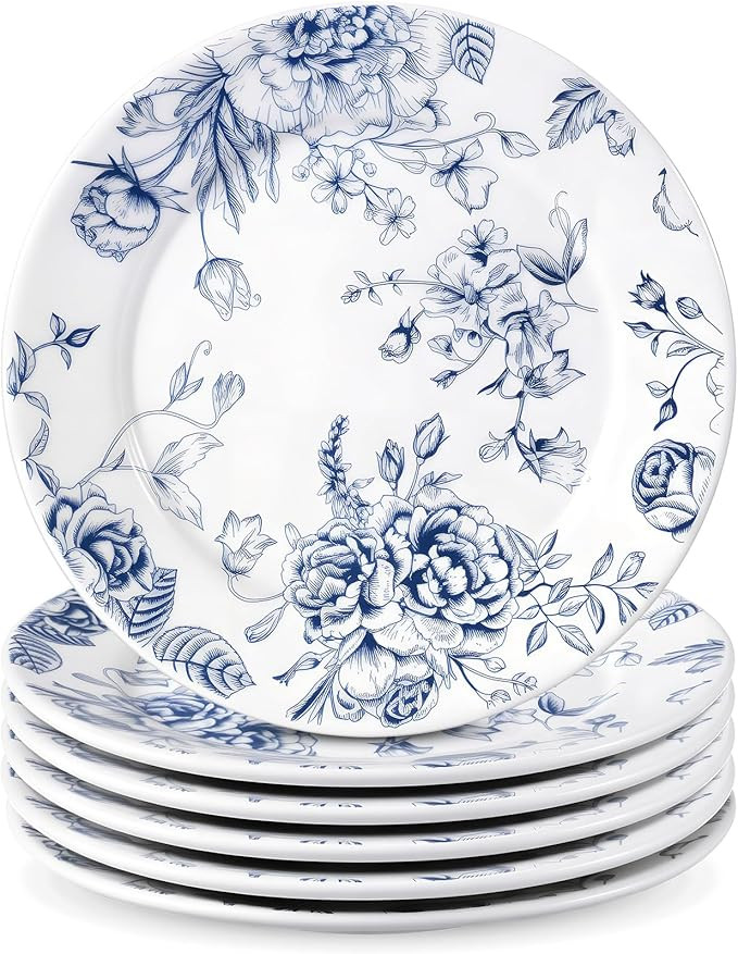 Honeydak 6 Pcs 6 Inch Blue Floral Flower Ceramic Plates Blue and White Porcelain Salad Serving Pl... | Amazon (US)