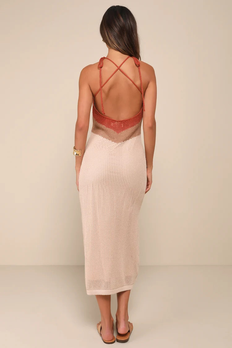 Cancun Calling Taupe Multi Crochet Halter Midi Sweater Dress | Lulus