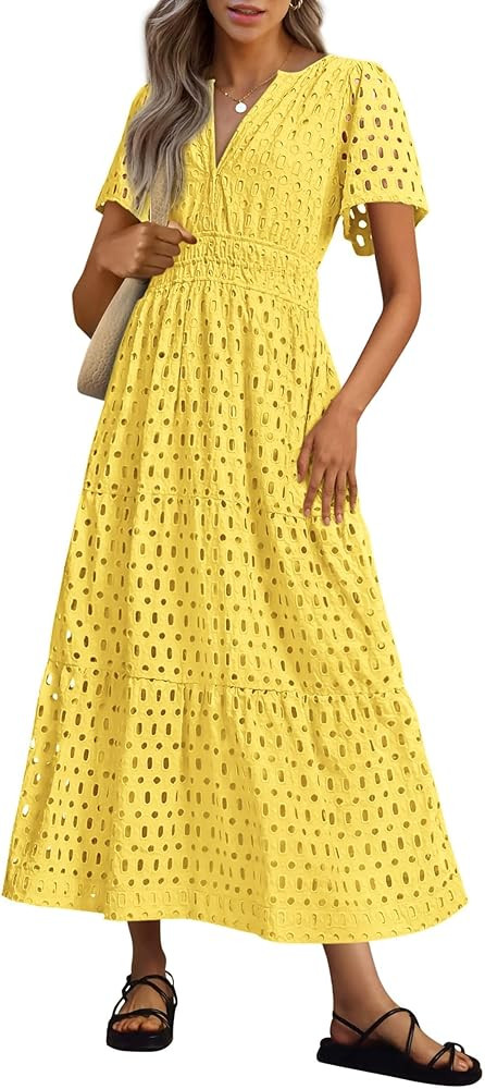 PRETTYGARDEN Womens 2025 Summer Maxi Dress Short Sleeve V Neck Hollow Out Eyelet A Line Long Flow... | Amazon (US)