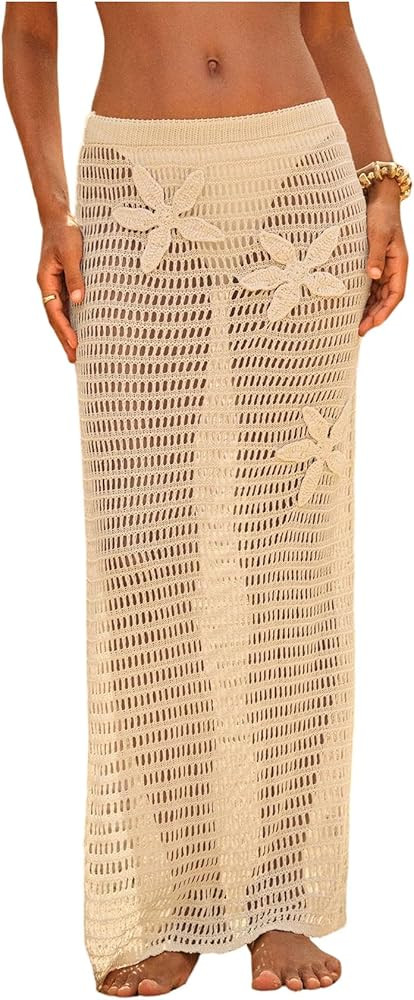 MakeMeChic Women's Crochet Cover Up Long Skirt 3D Floral Split Hollow Out Beach Summer Swimwear | Amazon (US)