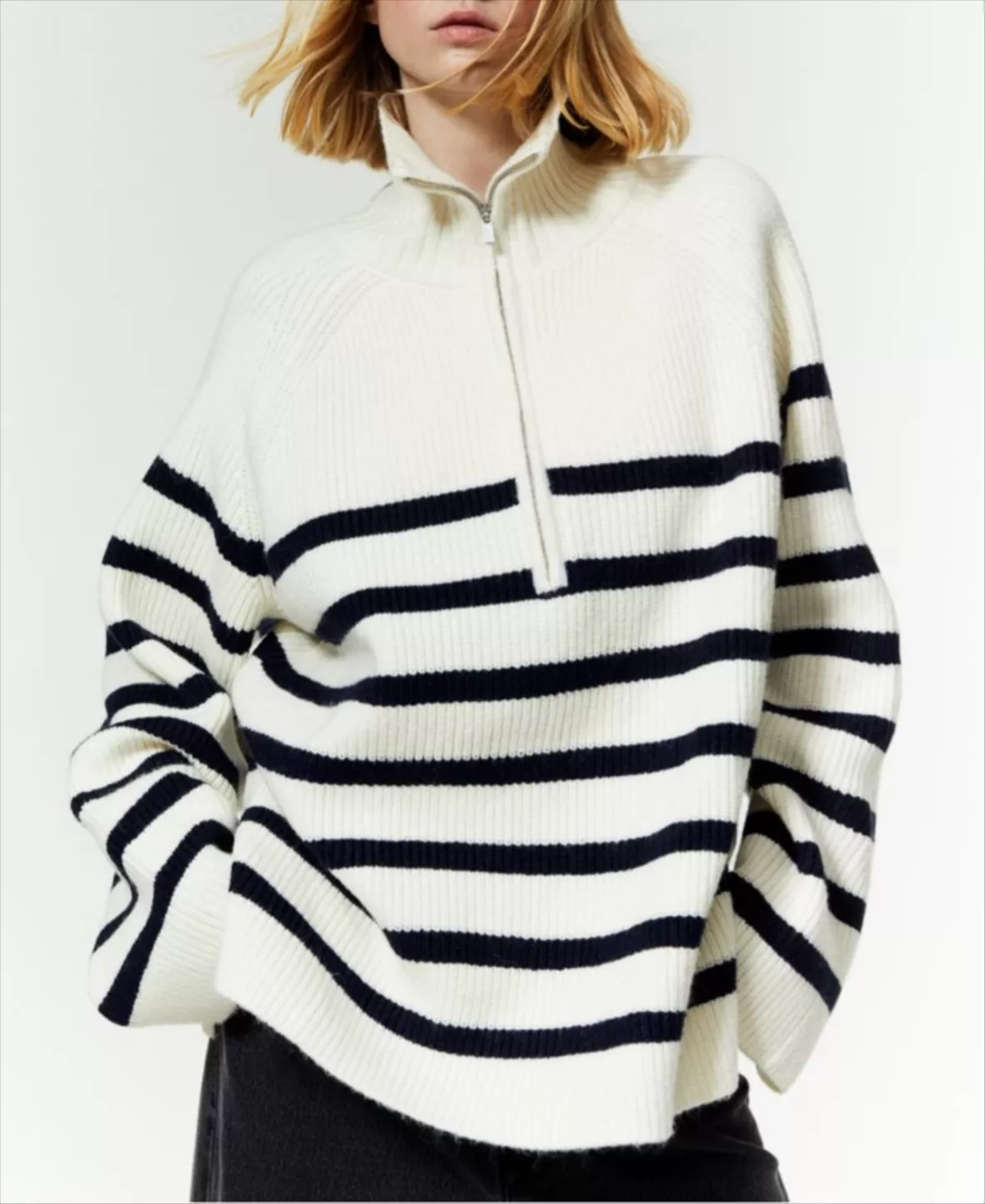 Rib-knit Half-zip Sweater - Black/striped - Ladies
