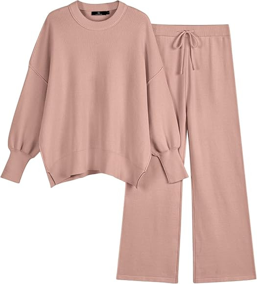 LILLUSORY Women 2 Piece Outfits Sweatsuit Oversized Knit Pullover Sweater Tops Wide Leg Pants Lou... | Amazon (US)