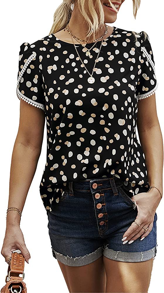 PRETTYGARDEN Women’s Shirts Summer Casual Crewneck Lace Crochet Short Sleeve Blouses Cute Flora... | Amazon (US)