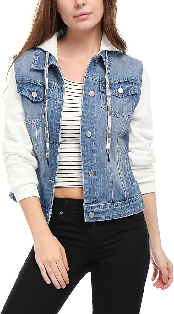 Allegra K Women's Layered Drawstring Hood Denim Jacket W Pockets | Amazon (US)