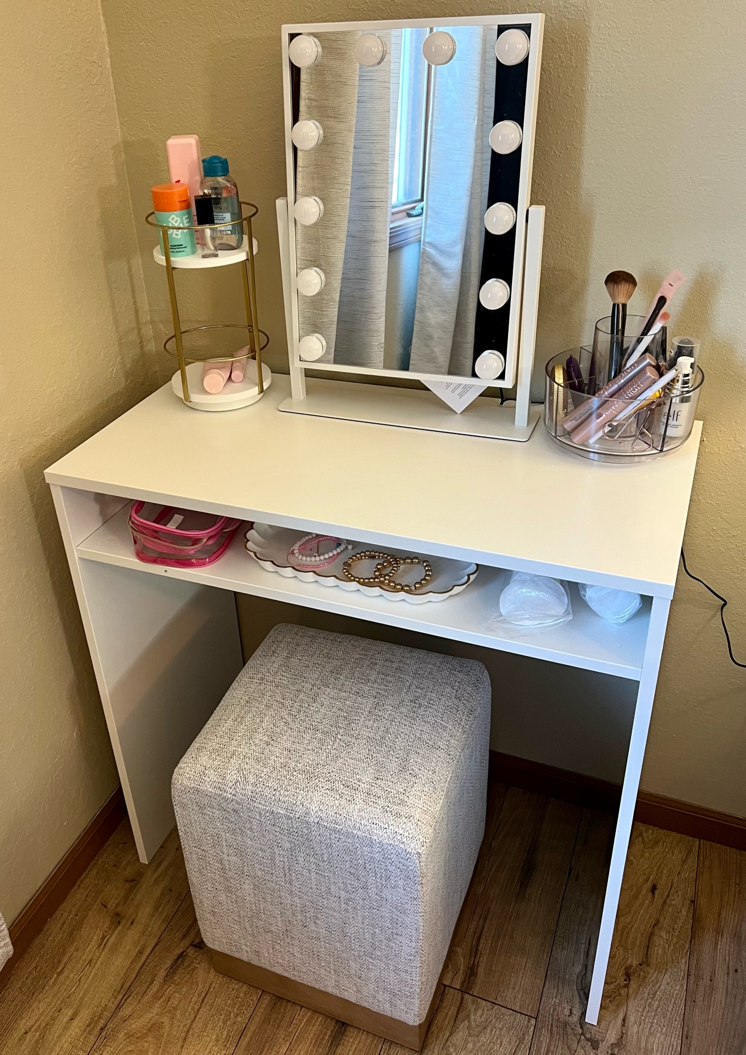Compact desk made into a vanity! 
Target, makeup vanity, lighted mirror, makeup stand, homegoods, makeup stool, small desk 

#LTKhome #LTKbeauty #LTKfindsunder100