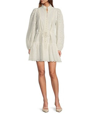 Brynn Eyelet Mock Neck Button Front Long Sleeve Tie Waist Dress | Dillard's
