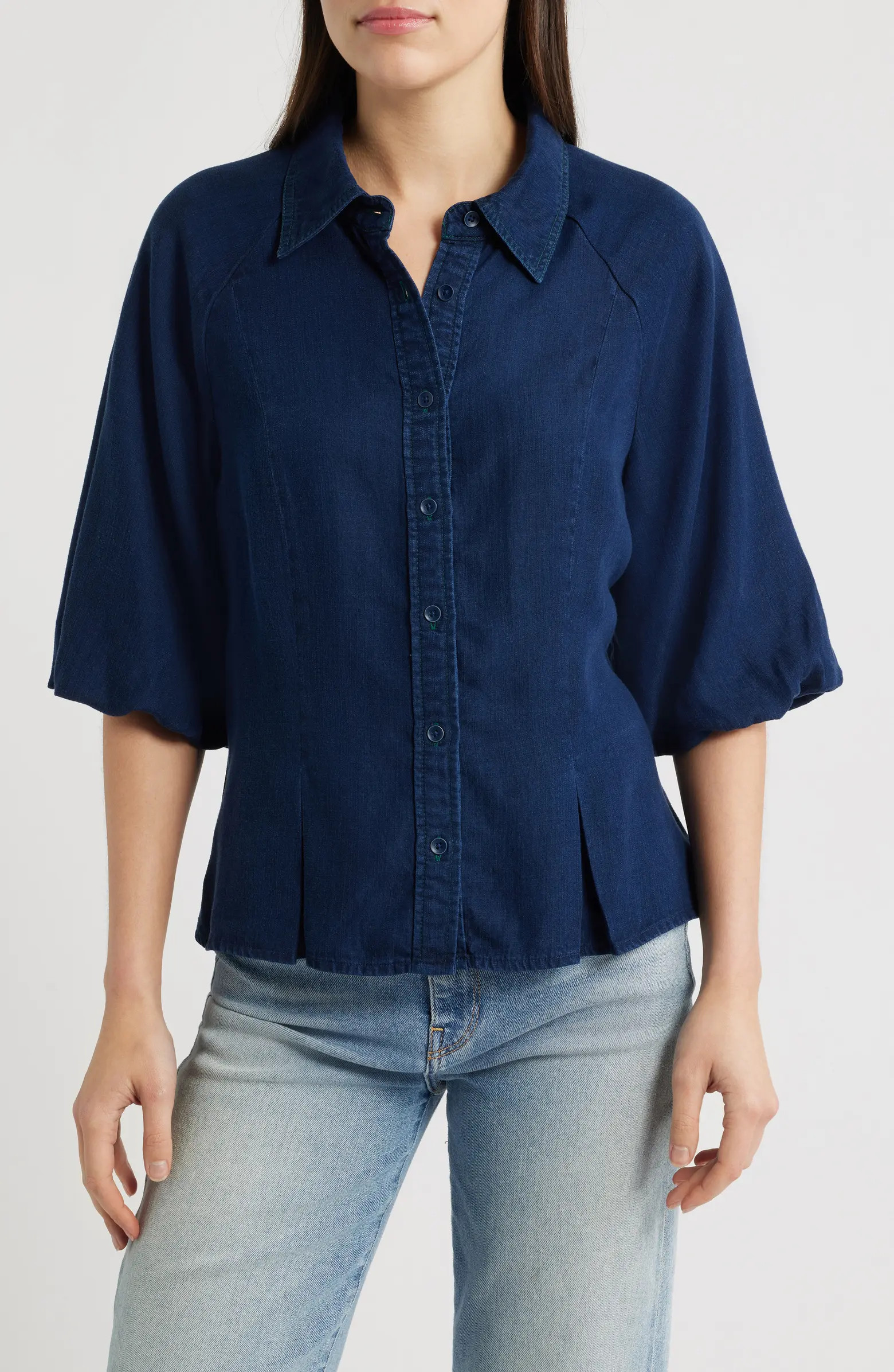 Bubble Sleeve Flare Button-Up Chambray Top | Nordstrom