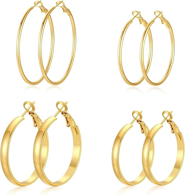 4 Pairs Silver Gold Hoop Earrings for Women | 14K Gold Plated Hoop Earrings Set Hypoallergenic Ea... | Amazon (US)