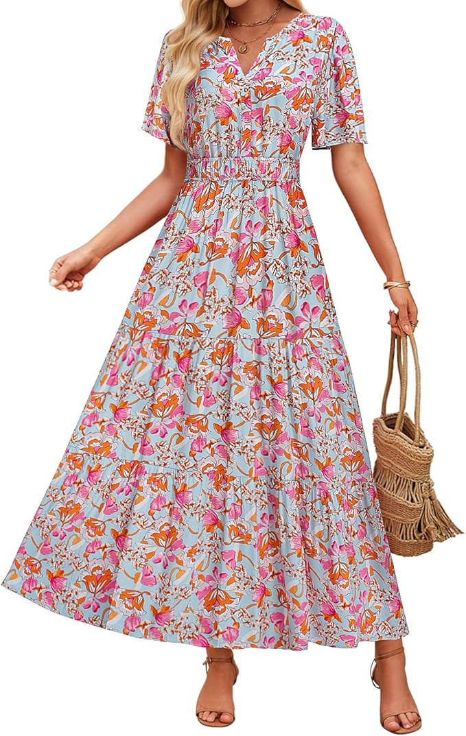 ZESICA Women's 2026 Summer Spring Floral Boho Maxi Dresses Casual Short Sleeve V Neck A Line Flow... | Amazon (US)