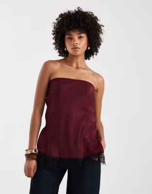 ASOS DESIGN lace trim satin bandeau top in plum | ASOS (Global)