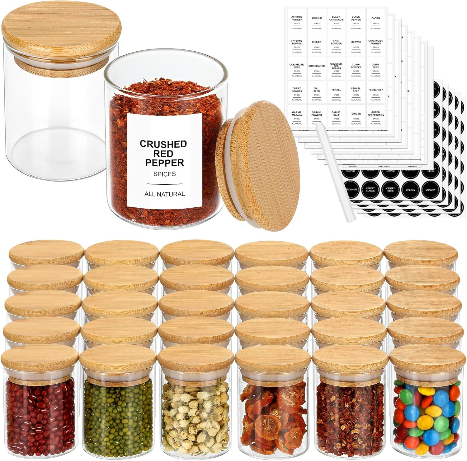 4OZ Glass Spice Jars with Bamboo Lids and 315 Labels, 20 Pcs Clear Food Storage Containers for Ki... | Amazon (US)